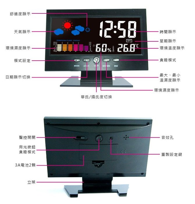 【傻瓜批發】(8082T)彩色溫濕度計 電子式大螢幕 LED背光 溫度計 濕度計 時鐘 日曆 鬧鐘 延遲鬧鈴功能 可自取