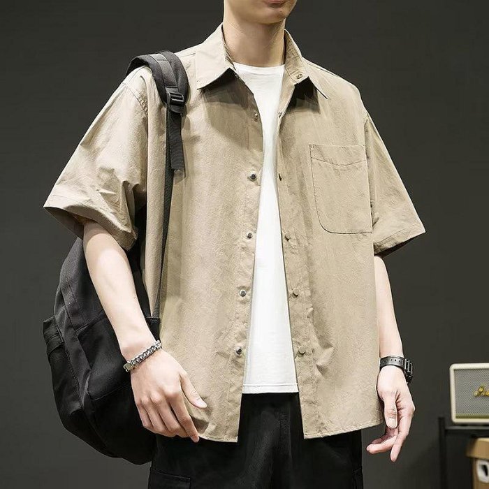 韓國流行風街頭嘻哈男短袖襯衫大口袋大碼垂墜襯衫