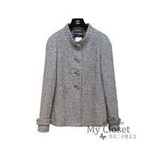 My Closet 二手名牌 Chanel 全新 經典 黑白色系小立領 金銀線 雙口袋 珠寶釦 長袖軟呢外套