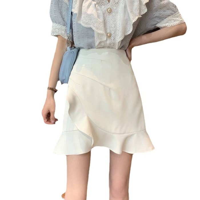 白色魚尾裙半身裙女春季2023新款高腰字裙荷葉邊顯瘦包臀短裙子