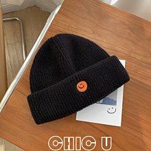 CHIC U 2Q日系刺繡笑臉針織帽女秋冬保暖日系休閑百搭可愛毛線帽情侶冷帽男女毛帽