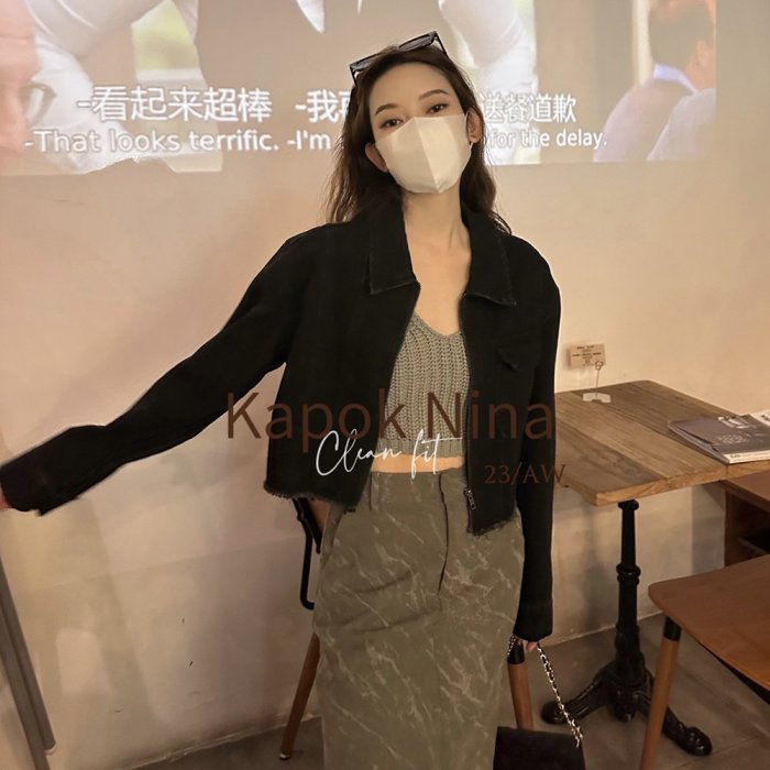 KAPOK秋季小眾設計感短款拉鍊復古牛仔外套女夾克上衣