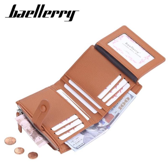 皮夾Baellerry女士短款錢包荔枝紋多卡位三折零錢包搭扣拉鏈錢夾