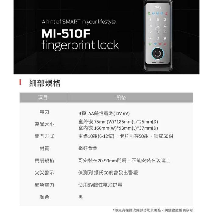 美樂 Milie電子鎖 MI-510F 觸控式密碼鎖 指紋 卡片 密碼 遙控開鎖 感應鎖 數位智能鎖 輔助鎖指紋鎖密碼鎖