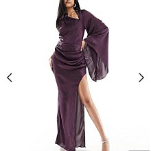 (嫻嫻屋) 英國ASOS-紫色鍛面不規則領單喇叭長袖抓皺垂墜開衩長裙洋裝禮服AA24