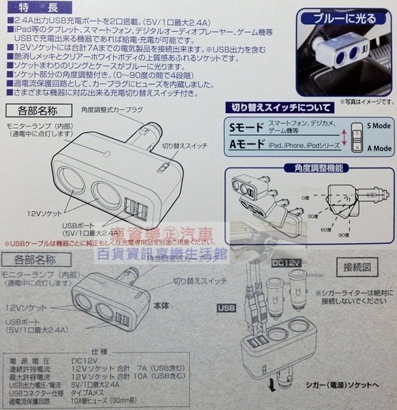 車資樂㊣汽車用品【Fizz-938】日本NAPOLEX 4.8A雙USB+2孔直插式90度可調點煙器鍍鉻電源插座擴充器