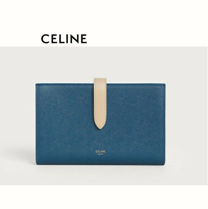 CELINE ►( 海軍藍色×淡裸粉色×金色LOGO )   撞色 防刮壓紋 真皮 兩摺長夾 錢包 皮夾｜100%全新正品｜特價！