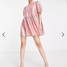 (嫻嫻屋) 英國ASOS-Collective the Label華麗時尚名媛玫瑰金亮片圓領泡泡袖寬鬆造型裙洋裝AB24