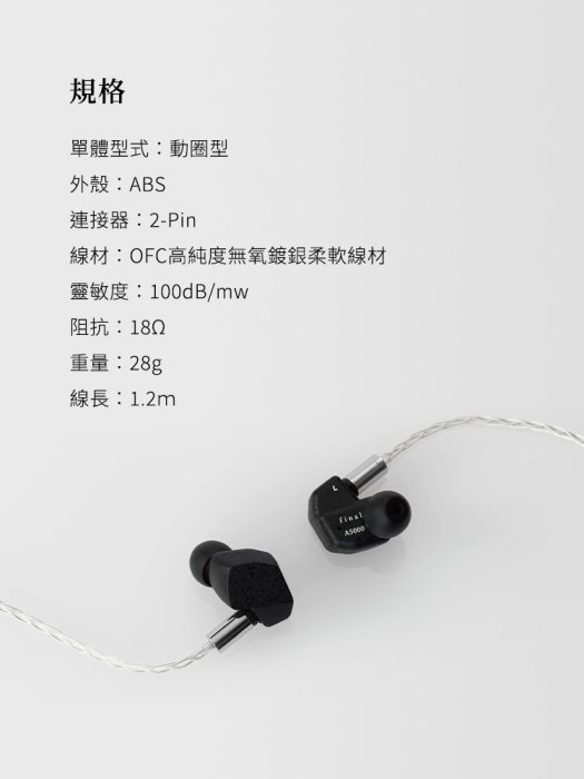 台灣總代理公司貨 A5000(現貨)日本 Final Audio Design 可換線MMCX 耳道式耳機