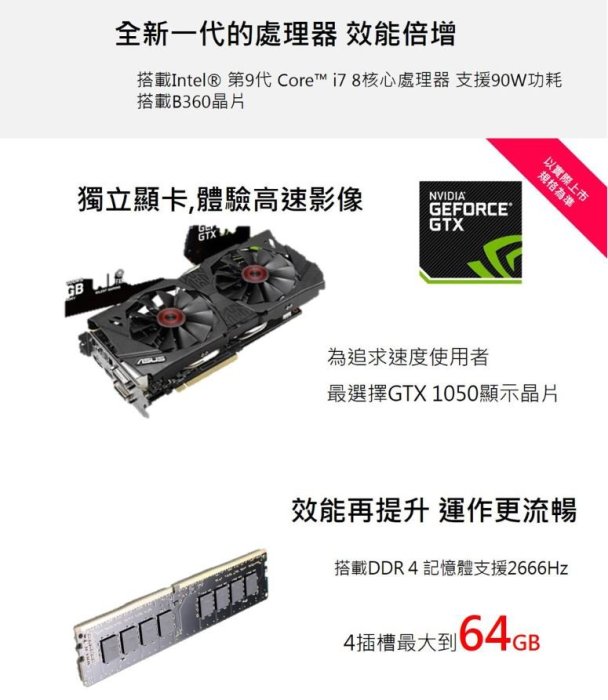 ASUS 華碩 H-S641MD i5六核Win10電腦 i5-9400 8G/1TB+256G SSD GTX1050