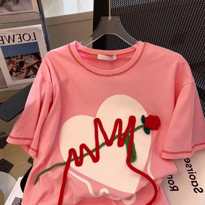 粉色愛心立體玫瑰花朵短袖T恤