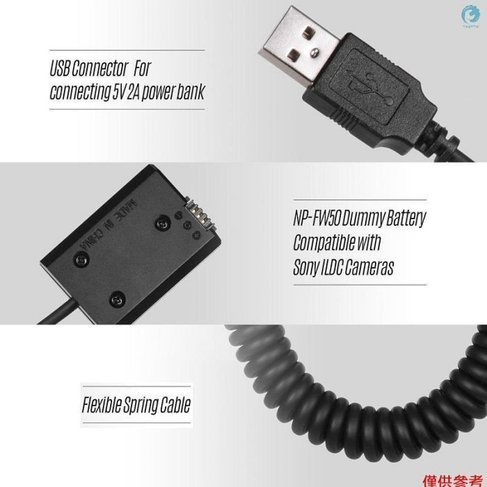 5V USB NP-FW50假電池組耦合器適配器，帶柔性彈簧電纜，兼容A7 A7II A7R A7S A7RII