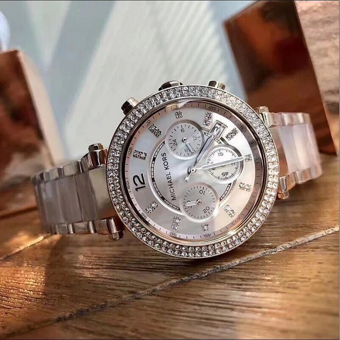 直購#Michael Kors MK手錶 鑲鑽大錶盤日曆防水三眼時尚女錶mk5896 手錶手鐲手環三件套裝組合