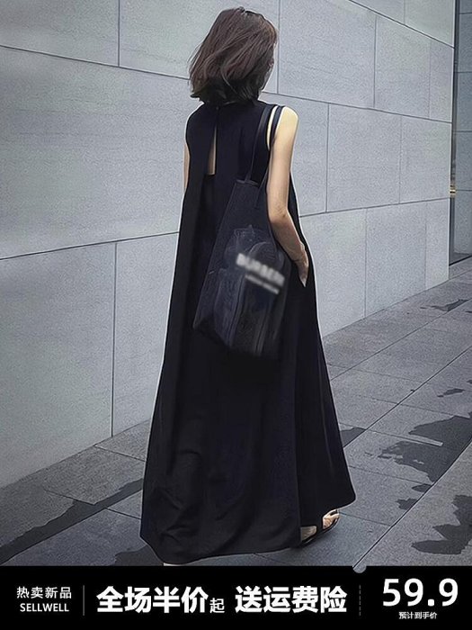 2024年新款赫本風黑色無袖背心連衣裙子女裝夏季高級感長裙小黑裙_佳美優品