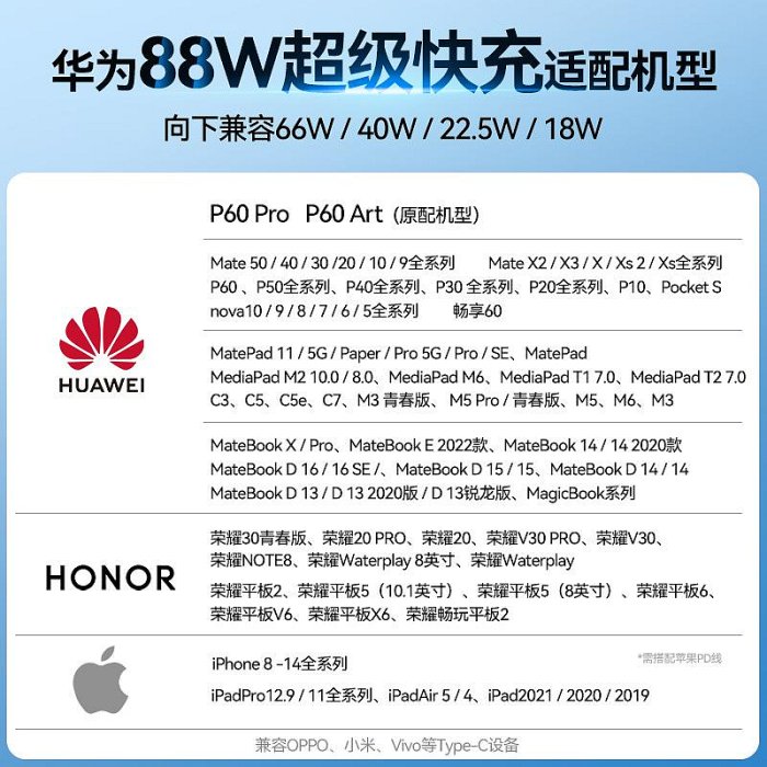 手機配件 華為88W原裝正品Mate60pro全能超級閃充P60pro手機art雙口x3非凡大師type-c數據線頭官方旗艦