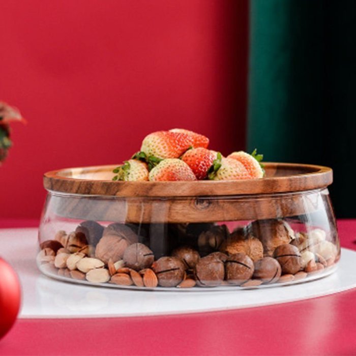 果盤家用高檔水果盤創意歐式相思木雙層玻璃干果瓜子堅果盤糖果收納盒,特價