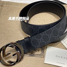 《真愛名牌精品》GUCCI 411924  黑色 老花 PVC GG銀頭 4cm 皮帶90號 *全新*61673