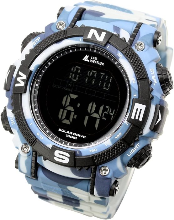 日本正版LAD WEATHER 手錶電子錶反轉液晶顯示100m防水太陽能充電藍迷彩