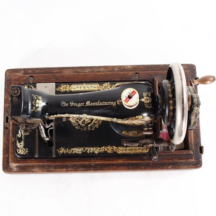 百寶軒 1920年英國古董勝家縫紉機Singer彩色印花老式手搖縫紉機配件全 ZG2685