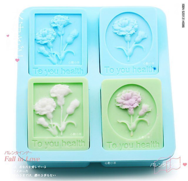 心動小羊^^耐高溫美麗康乃馨4孔皂模矽膠手工皂模香皂模具蛋糕、蠟燭、香磚