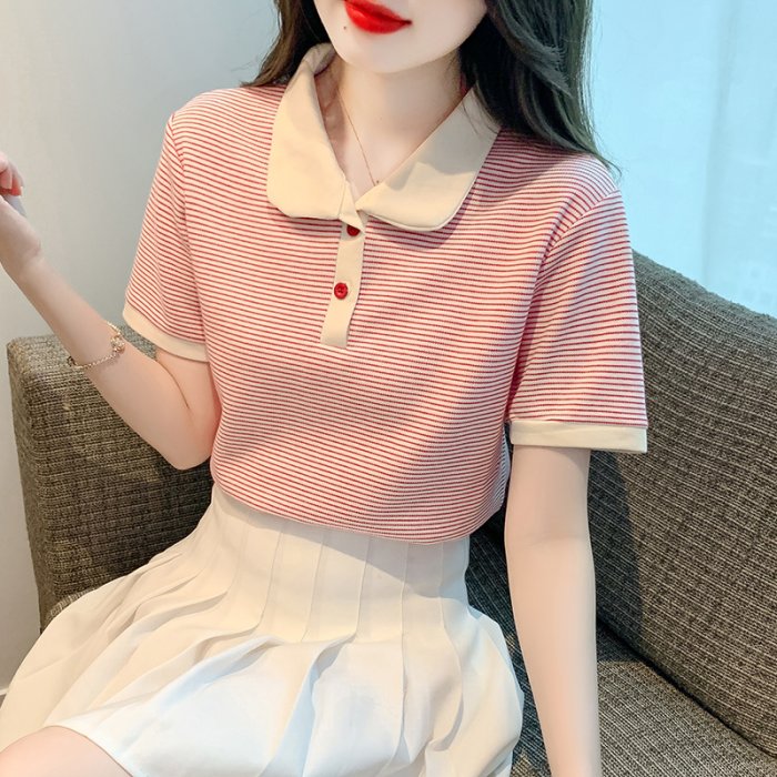 MissBig夏季新款韓版簡約POLO領條紋甜美短袖上衣《442888095》