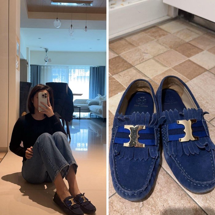 9.5成新轉售 原價$15000左右 Tory Burch 麂皮金屬logo流蘇設計 豆豆鞋 6.5