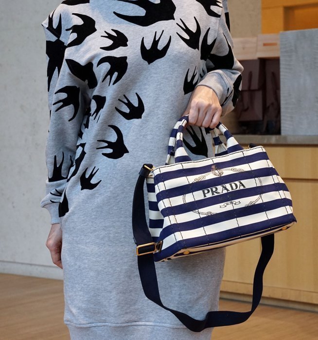 Prada B2439B Canvas Tote 小型條紋單寧托特包 深藍