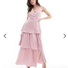 (嫻嫻屋) 英國ASOS-Vila粉紅色鍛面交叉V領無袖綁帶分層長裙洋裝禮服 AC24