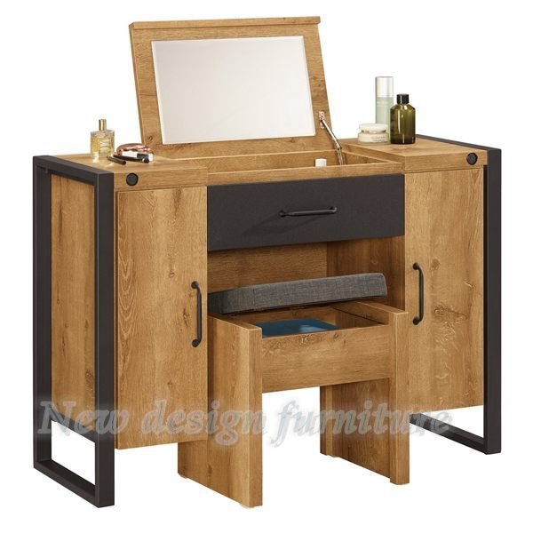 【N D Furniture】台南在地家具-工業風防蛀木心板木紋106cm掀鏡化妝台含椅MC