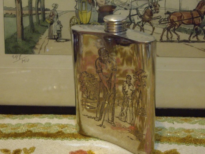歐洲古物時尚雜貨 雕刻藝術 老英國 鍍銀1998年小酒罐 人物雕刻  古董收藏擺飾品