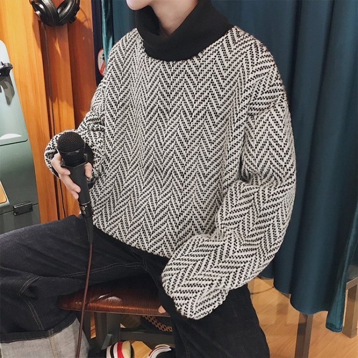 FINDSENSE G6 韓國時尚 復古男街頭上衣加厚加絨高領條紋毛衣