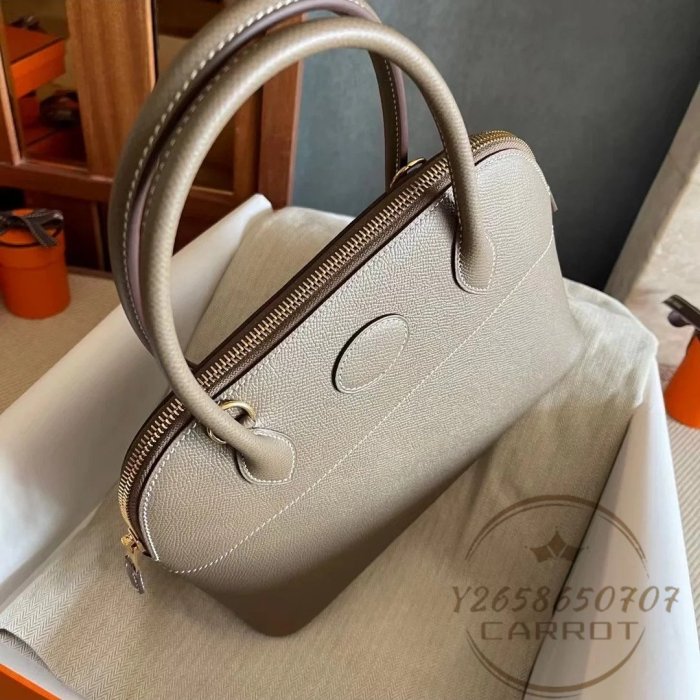 二手精品 Hermes 愛馬仕 Bolide 27 保齡球包 金扣 手提單肩斜挎包 女款 大象灰