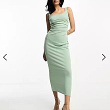 (嫻嫻屋) 英國ASOS-綠色方領寬肩帶抓皺修身過膝裙洋裝EF23