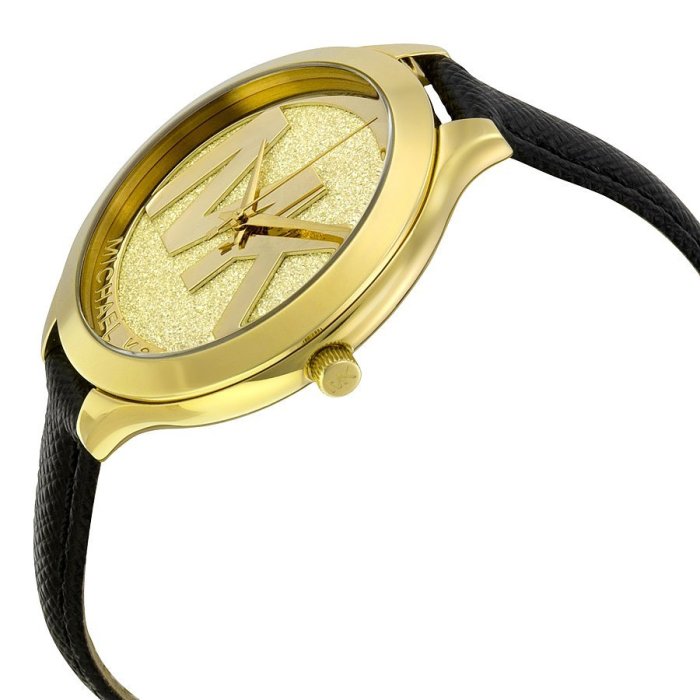 [永達利鐘錶 ] MICHAEL KORS 手錶 大MK logo面腕錶/金面黑皮帶/ 42mm MK2392