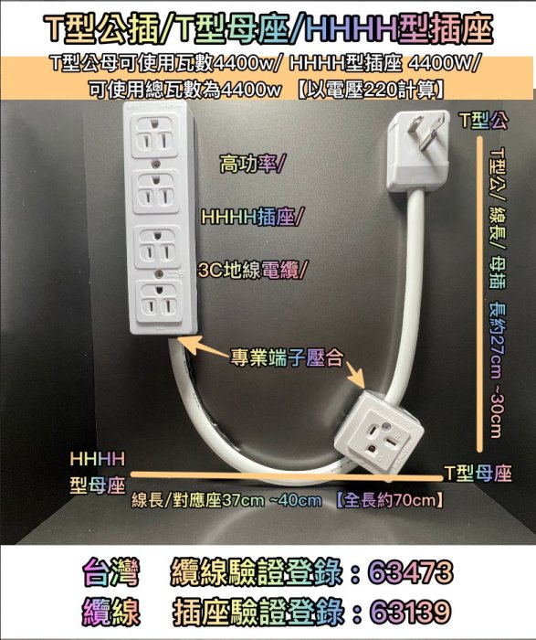 台灣電纜 220V 延長線 一分二 3.5/3C接地/20A T型插頭 大功率電纜線 冷氣插頭延長線   冷氣電源延長線