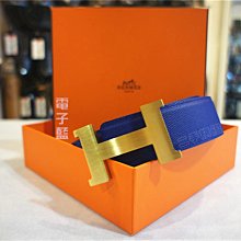 二手旗艦 HERMES 全新現貨商品 電子藍/黑色 雙面 銀色 大H 牛皮 85公分 皮帶 R年 (中友店)08906