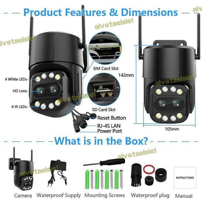 現貨：雙鏡頭800萬4g監控攝像頭10倍變焦防水wifi攝像頭camhi