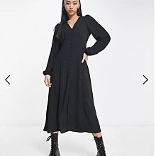 (嫻嫻屋) 英國ASOS-New Look黑色V領長袖鈕釦中長裙洋裝 EA23