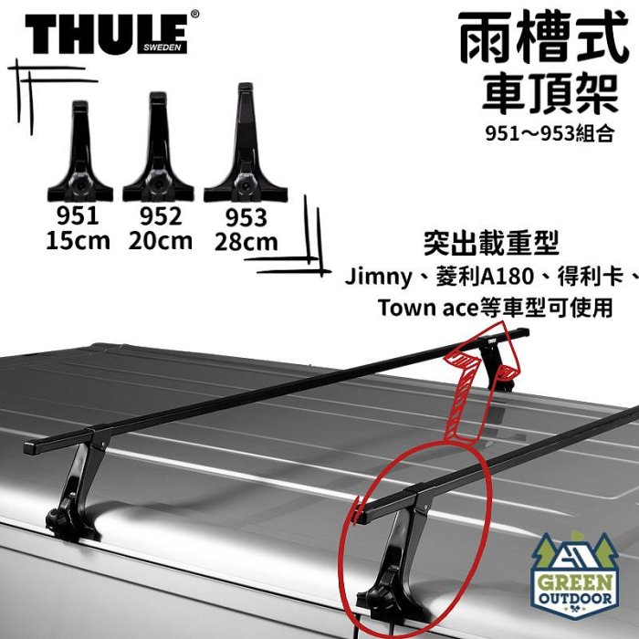 【綠色工場】THULE 瑞典都樂 951-953 雨槽式專用車頂架 橫桿 車頂架 A180 TownAce 得利卡