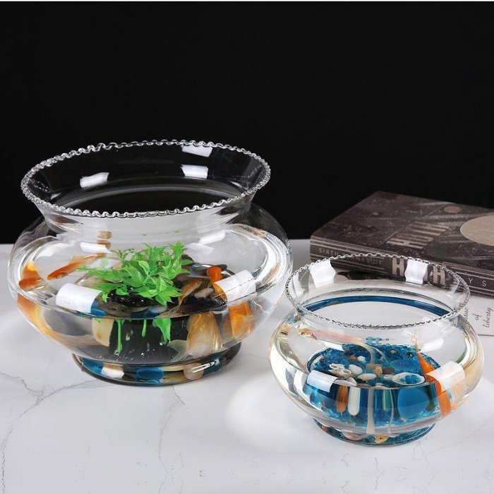 透明玻璃魚缸創意花邊小型金魚缸烏龜缸生態水培綠蘿桌面造景擺件^特價特賣