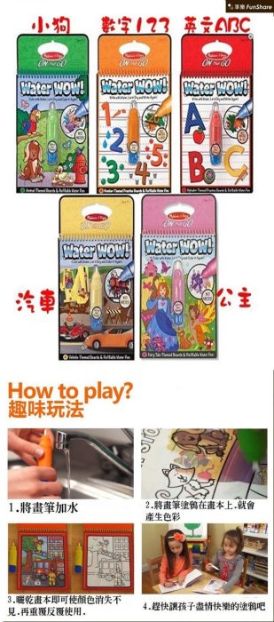 「美國 Melissa&Doug 神奇兒童畫板組」！只需以水作畫筆顏料，可循環再畫。不同主題，讓寶寶認知不同事物！