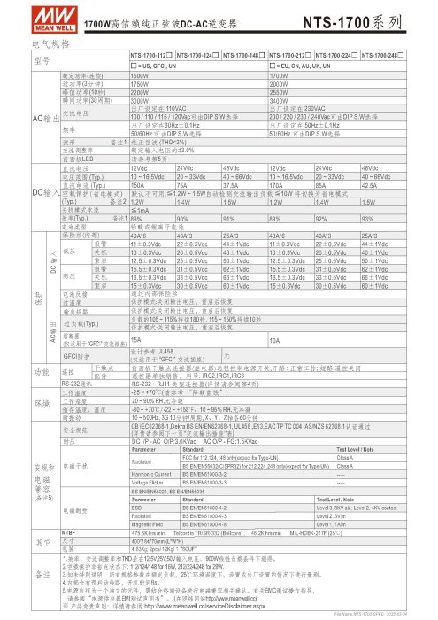 【保固附發票】MW明緯 1700W 純正弦波工業級逆變器 NTS-1700 12V 24V 48V 轉 220V