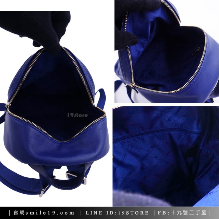 《十九號二手屋》Longchamp 2.0 系列燙金LOGO雙色 牛皮拉鍊後背包(小/藍x深藍)