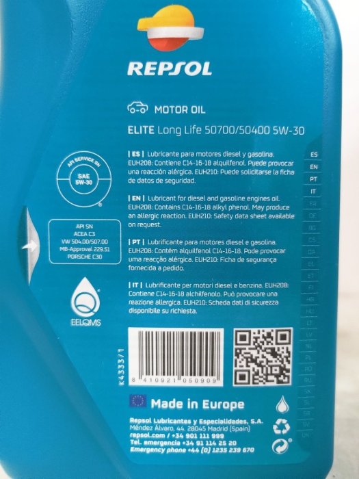 『油工廠』REPSOL ELITE LongLife 504/507 5W30 全合成 汽/柴油 機油 VAG VW