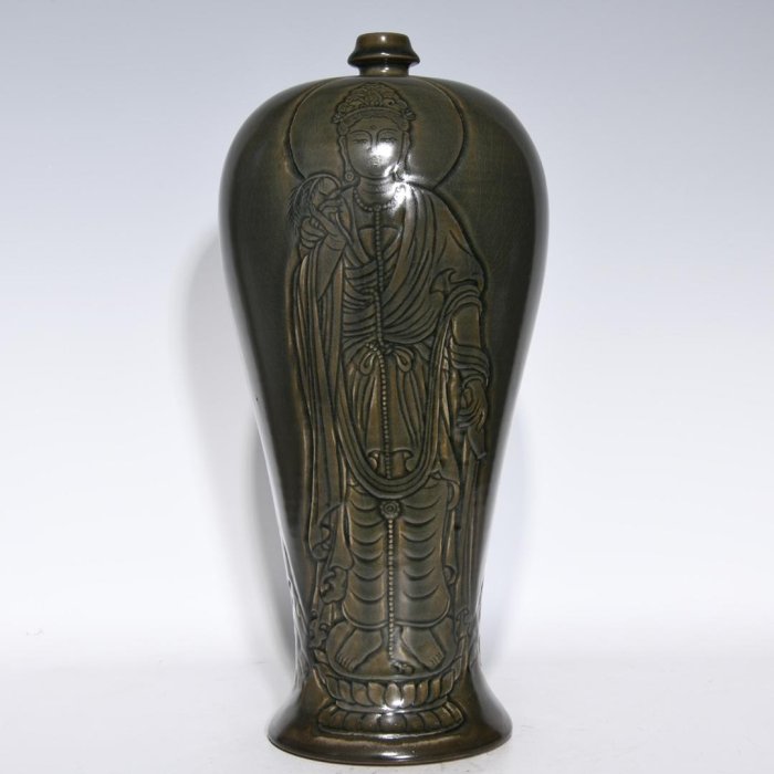 唐越窯青瓷刻花三圣圖梅瓶，高43.8cm直徑20.5cm，編號5 瓷器 古瓷 古瓷器