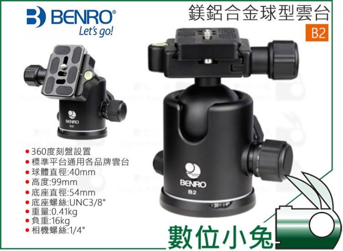 數位小兔【BENRO 百諾 鎂鋁合金球型雲台 B2】球體直徑40mm 承重16kg 360度全景 公司貨 3/8