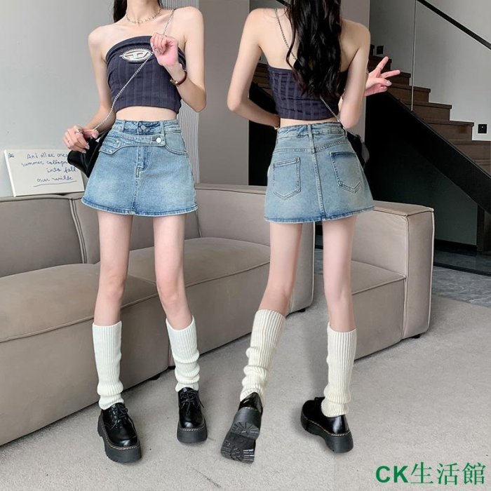 CK生活館實拍女生衣著裙裝 女裝裙子 韓版高腰半身裙A字褲裙 丹寧牛仔裙 2023新款網紅辣妹緊身牛仔褲裙女高腰顯瘦百搭半身