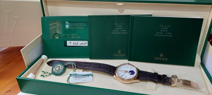 ROLEX 勞力士 Cellini 徹里尼 50535 Moonphase 月相型腕錶 玫瑰金 藍色琺瑯月相盤 隕石滿月盤 自動上鍊 盒單齊全 2020保單