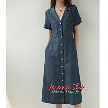 VENESSA~ VS 新款 復古丹寧 工裝口袋西裝領 高腰牛仔短袖連身裙洋裝 (T1739)
