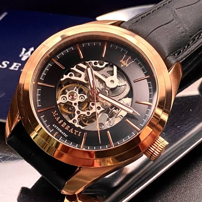 MASERATI瑪莎拉蒂男錶,編號R8821112001,46mm玫瑰金錶殼,深黑色錶帶款